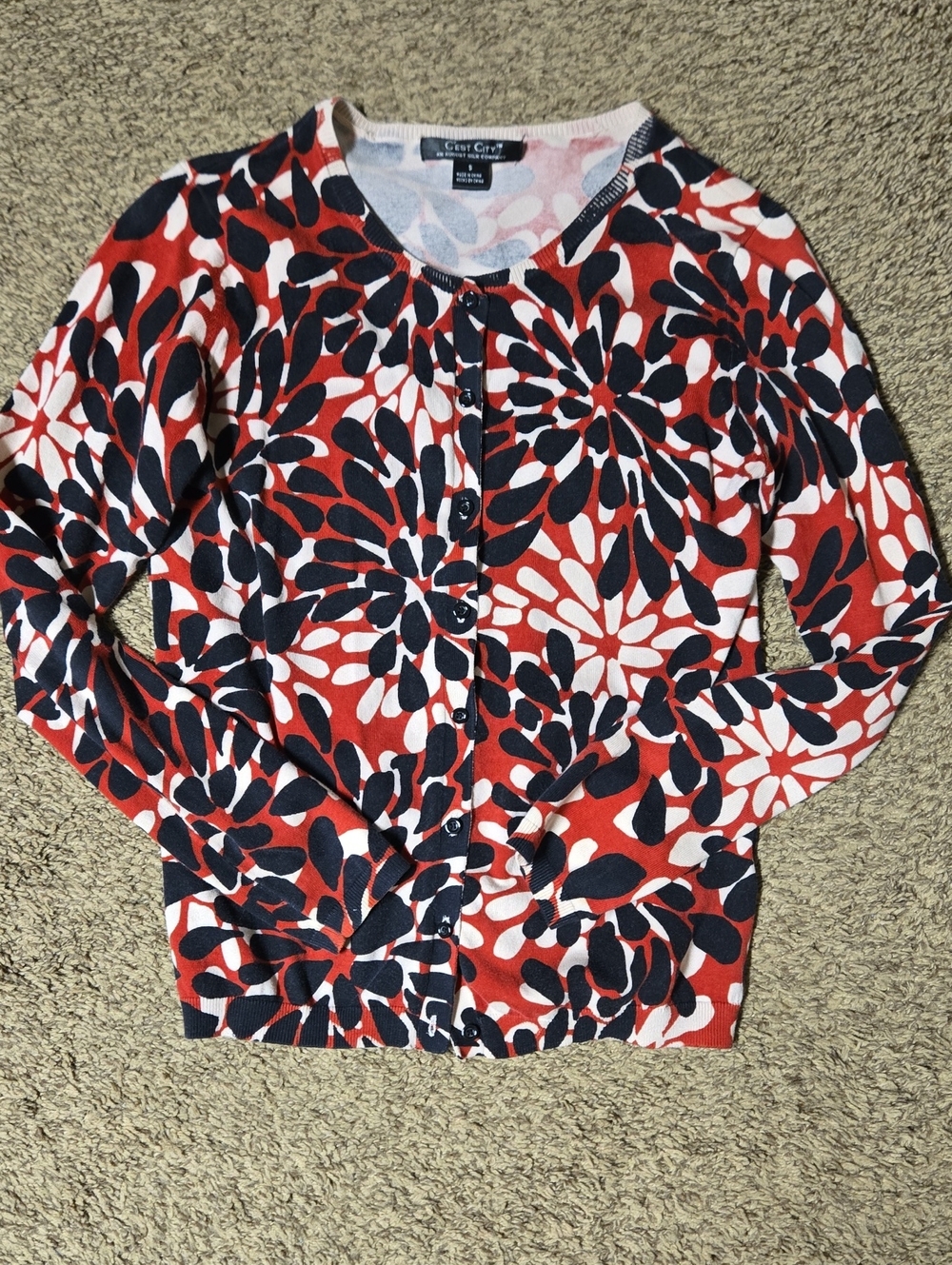 Red Black White Floral Button Cardigan
